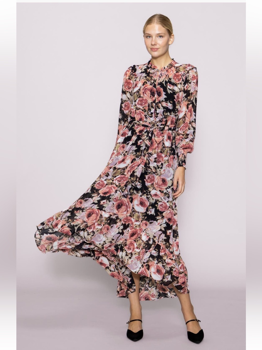 MELLODAY Floral Long-Sleeve Midi Dress in Pink on Black M